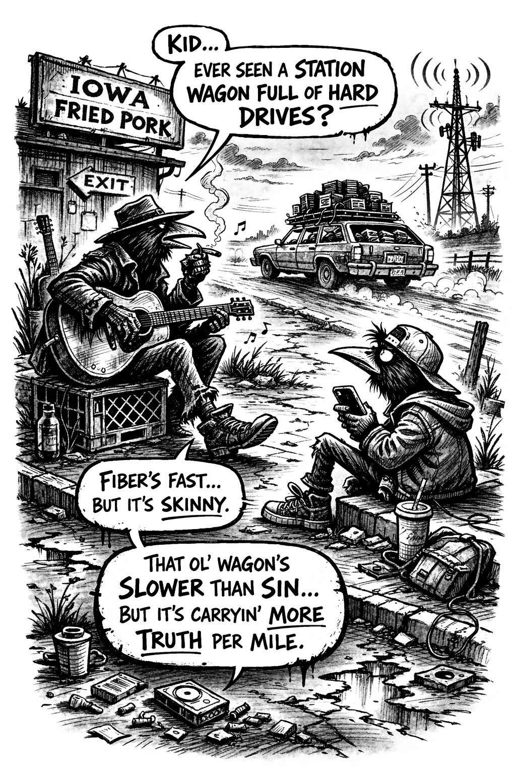 Crow Joe in the Age of AI Comic - Crow Joe the blues playing crow tells kid crow, younger generation crow with backwards hat and smartphone in hand, about the difference between latency and bandwidth by using the classic Tanenbaum station wagon full of hard drives analogy. 'kid...ever seen a station wagon full of hard drives? fiber''s fast but it''s skinny.  that ol'' wagon''s slower than sin...but it''s carryin'' more truth per mile'' crow joe universe is set in neo newton iowa and as a hidden easter egg neo newtons fictional restaurant 'iowa fried pork' is on the sign in the back ground.  the image depicts crow joe and kid crow sitting outside iowa fried pork observing a station wagon travel down the road.  a cell phone tower is in the background